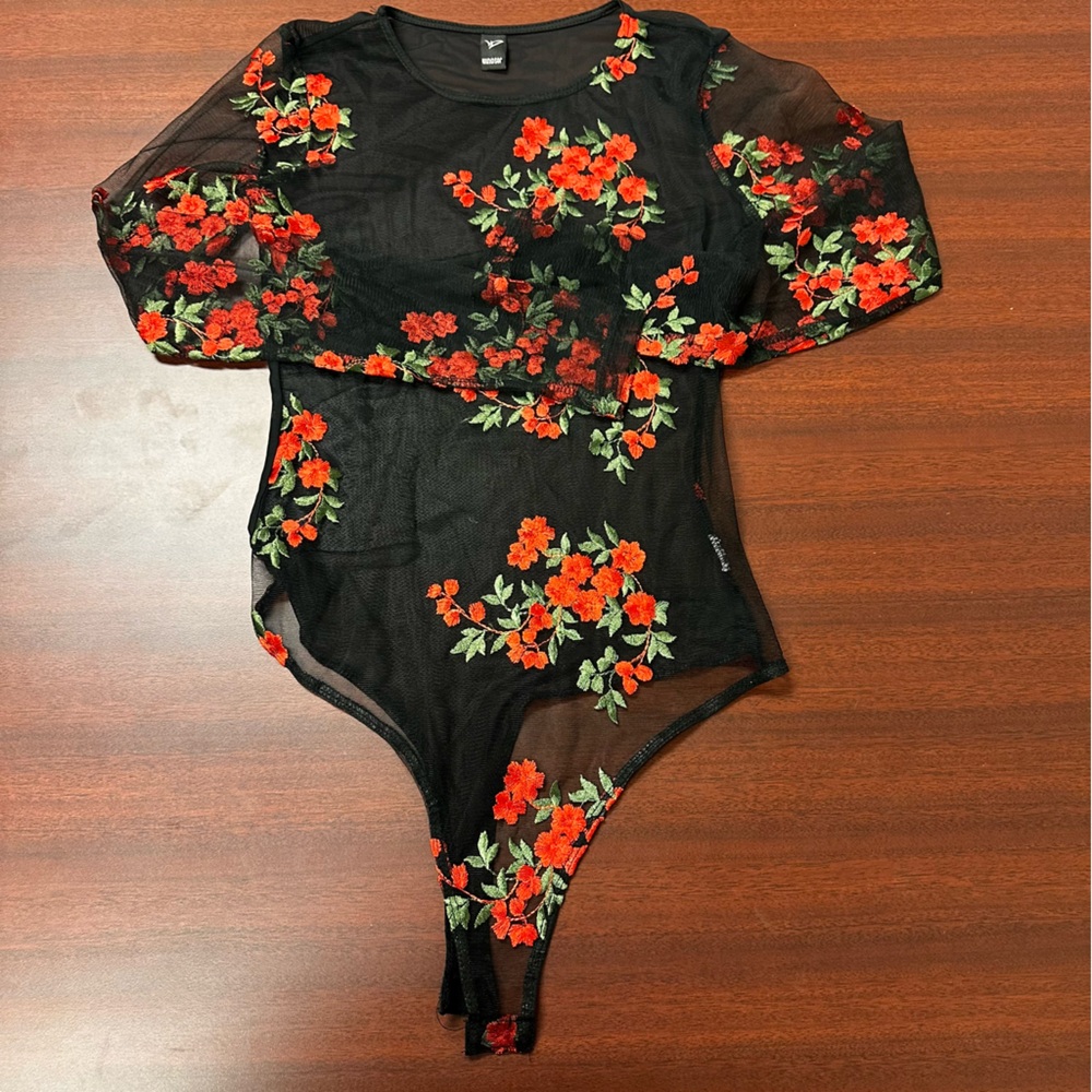 Windsor Black Sheer Bodysuit with Red Floral Embroidery Womens size S Coquette